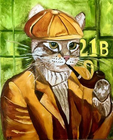 Cat Sherlock Holmes smoking a pipe near 221B Baker Street thumb