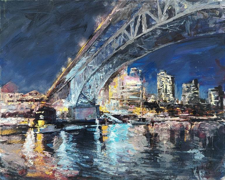 Original Architecture Painting by Natalia Boicenko | Expressionism Art on Canvas | Vancouver Nocturne: City Lights and Iron Arches