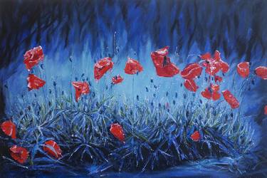 Red poppies on a dark blue background thumb