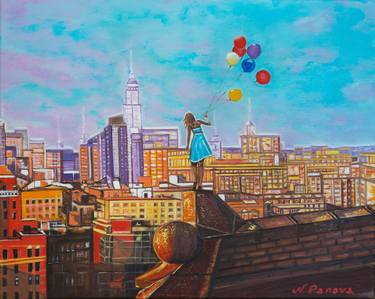 Girl with balloons on a background of a big city thumb