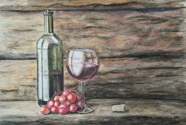 french evening with a bottle of wine  original watercolor painting on paper thumb