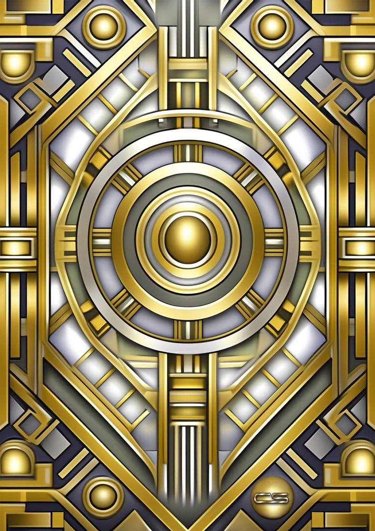 Original Geometric Drawing by Chuck Staley | Art Deco Art on Canvas | Gold Deco Design 2