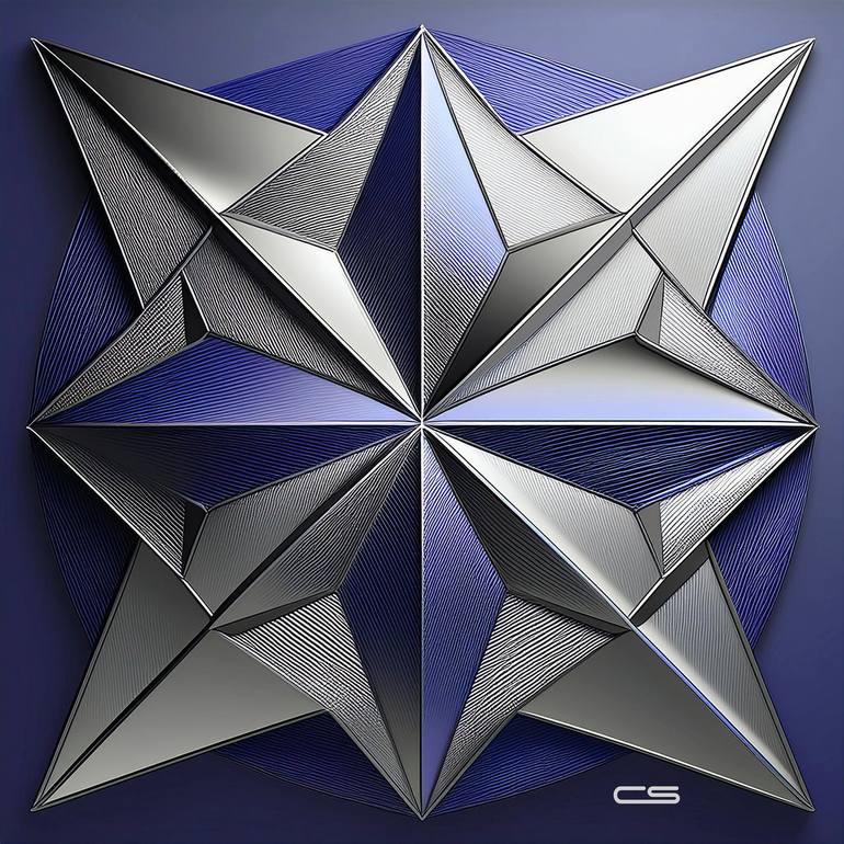 Original Geometric Digital by Chuck Staley | Art Deco Art on Canvas | Silver and Blue Geometric 1
