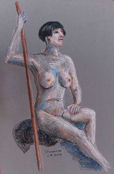 Nude female Model with a stick thumb