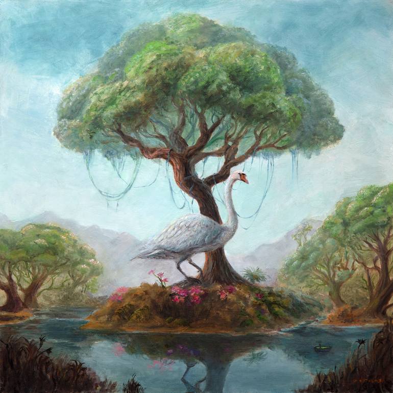 Original Animal Painting by Nikolina Petolas | Surrealism Art on Hardboard | Traveler and the Swan