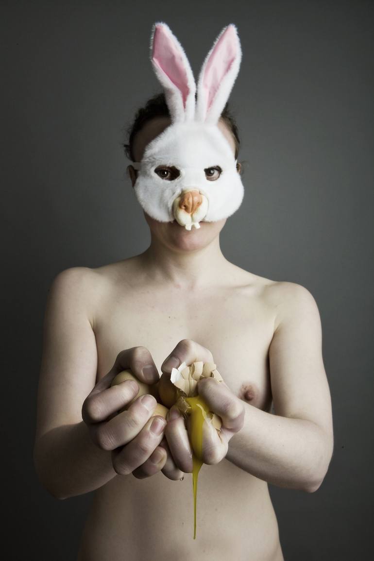 Nude with bunny mask breaking raw eggs Photography by Jan Tepass | Saatchi  Art