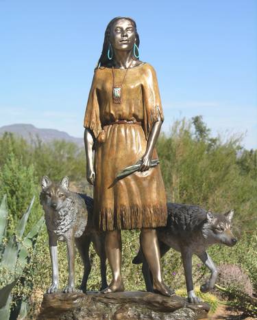 DAUGHTER WHO WALKS WITH WOLVES -BRONZE NATIVE AMERICAN SCULPTURE thumb