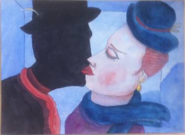 Love Kiss Art Painting Original Collectible Aceo Modern Couple Card Romantic Watercolor Man Fine Print thumb