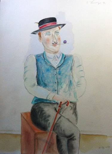 Old Painting Man Signed Portrait Original Art Watercolor Pipe Hat Artist Vtg And Men thumb