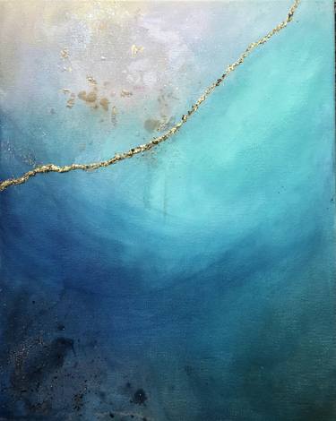abstract turquoise blue ocean gold painting Blue waves thumb