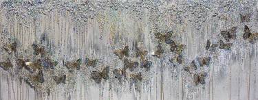 BUTTERFLIES OASIS WHITE GOLD GLITTER GLASS HOLOGRAPHIC ABSTRACT thumb