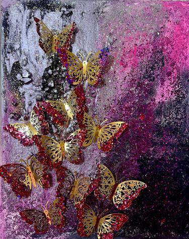 Pink gold butterfly painting 3d art with glitter and glass thumb