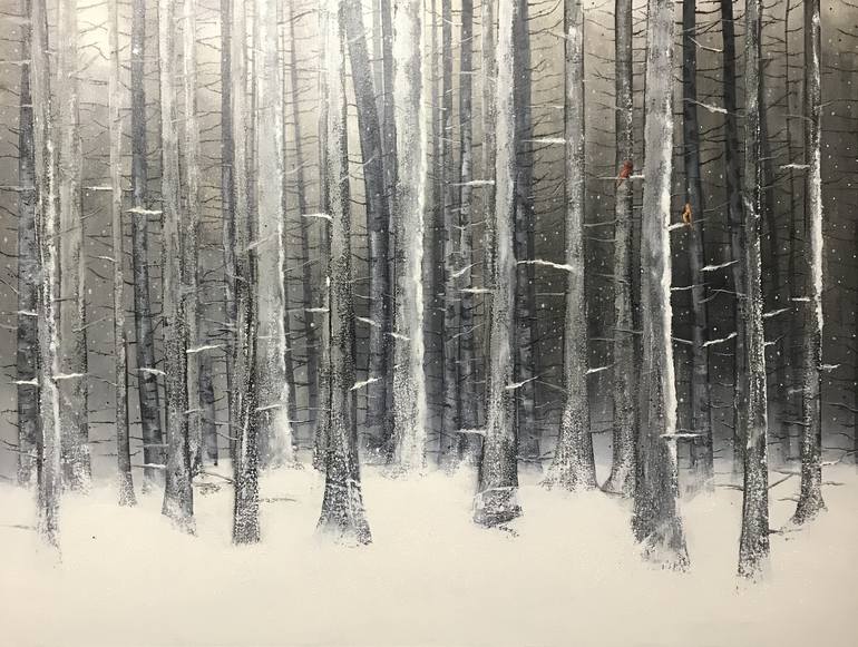 Abstract large monochrome winter snow forest woods painting with