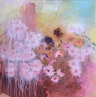 Large floral painting pink red yellow gold thumb