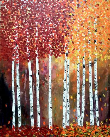 Autum fall large painting orange red yellow forest painting thumb