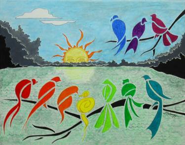 Rainbow Birds Sunrise (Whimsical Landscape, Sunrise & Birds) thumb