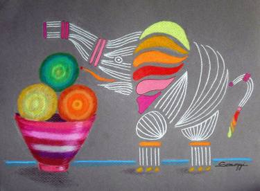 Apples & Oranges & Elephants, Oh My! (Whimsical Still Life w/ Rainbow Elephant) thumb