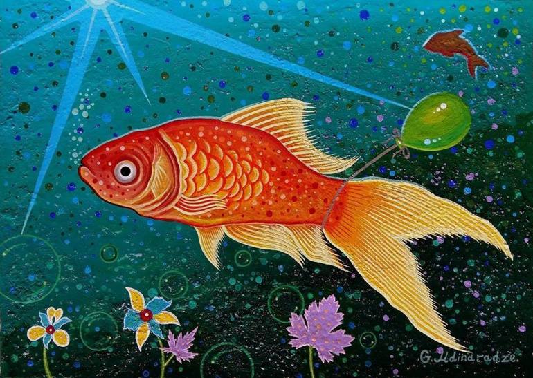 Fish Painting Original Art Golden Fish Artwork by Gudkova