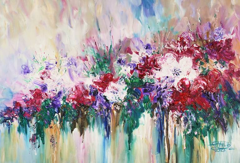 Original Floral Painting by Peter Nottrott | Impressionism Art on Canvas | Bouquet Of Flowers XL 1