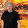The Artist Peter Nottrott and the artwork 'Yellow Red Abstraction XL 4'.