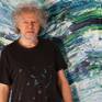 The Artist Peter Nottrott and the artwork 'Slim: Turquoise Blue Wave 2'.
