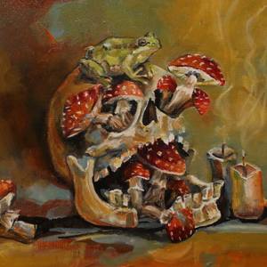 Skull with mushrooms and frog, oil, 2026