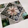The image is assembled on a paper square. Creasing from the original folding allow it to be reformed into a functioning Cootie Catcher.