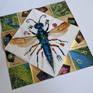 The image is assembled on a paper square. Creasing from the original folding allows it to easily reform into a functioning Cootie Catcher.