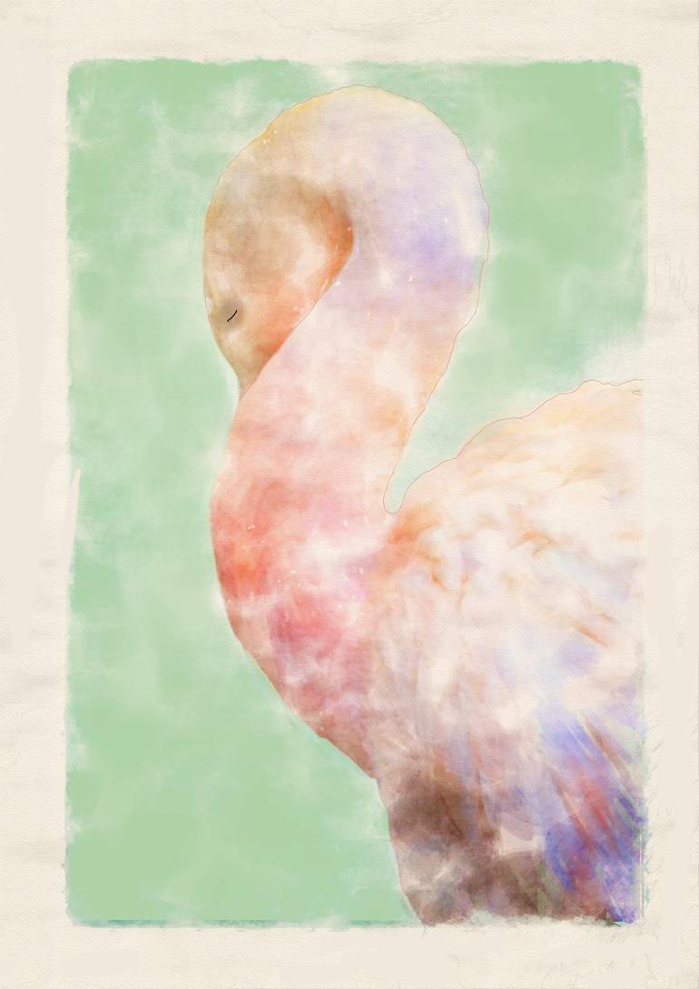 Napping Flamingo Digital Watercolor - Limited Edition of 25