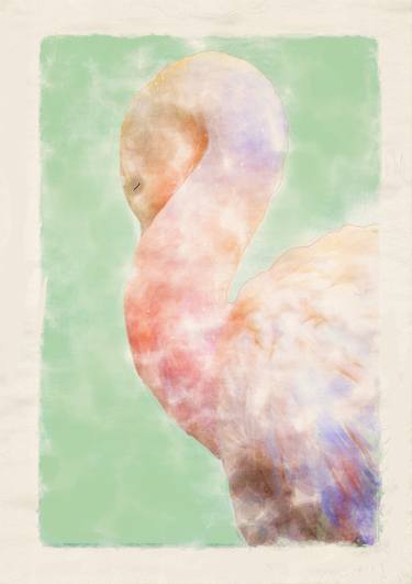 Napping Flamingo Digital Watercolor - Limited Edition of 25 thumb