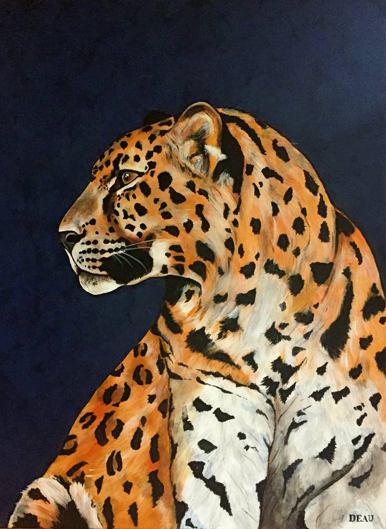 Amur Leopard Dark Blue Painting By Dominique Janssens Deau