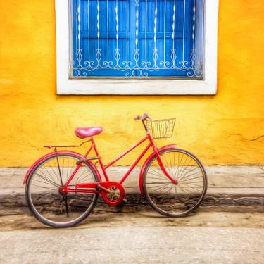 Red Bicycle Blue Shutters and Yellow Painted Wall thumb