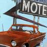 Close-up detail of collage material, '57 T-bird, and vintage motel sign.