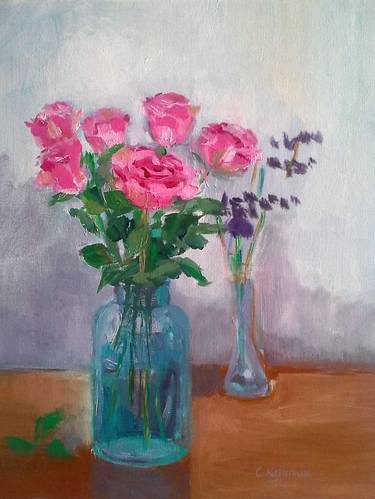 still life of pink roses and statice thumb