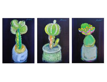 Original Oil on Canvas, Triptych "Baby Cactus" by Mohamed Abusal thumb