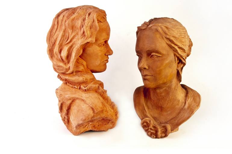 pair of two young women - two portrait sculptures of Ophelia and Mariana - Print