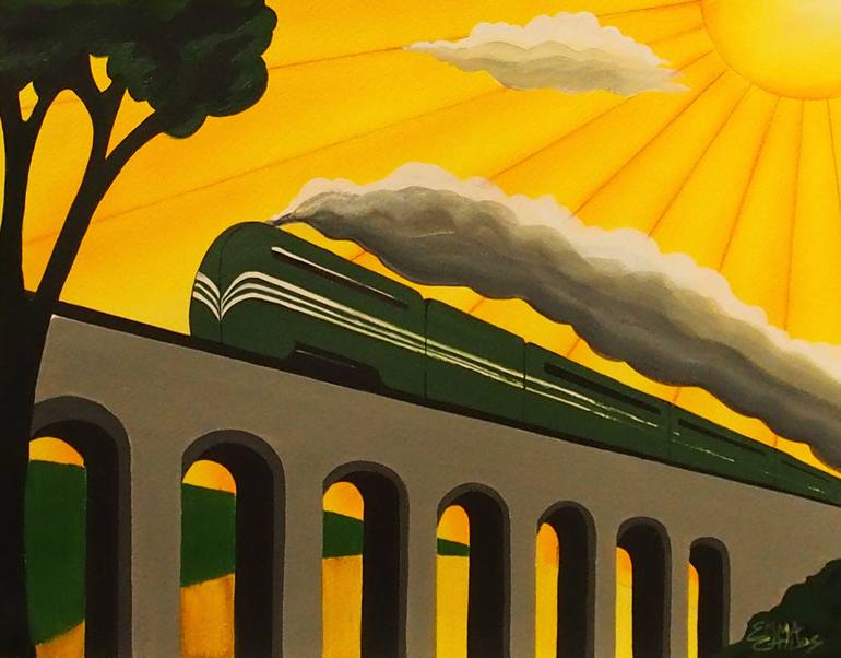 Original Art Deco Train Painting by Emma Childs