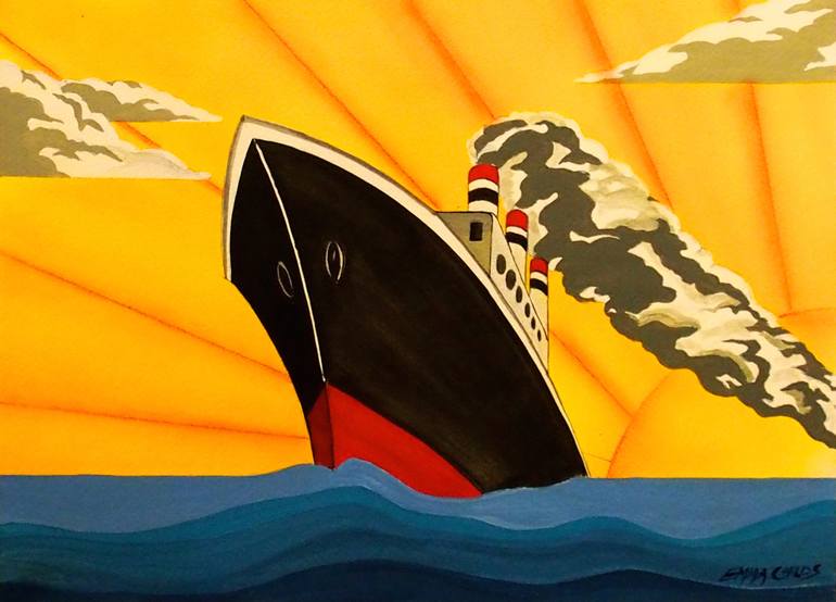 Original Art Deco Boat Painting by Emma Childs