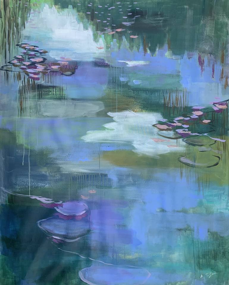 Pond Watercolor Original Painting, Blue Water Painting, Blue Wall