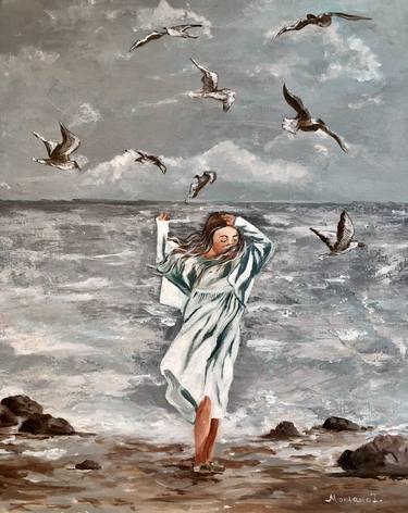 Girl with the seagulls by the sea thumb