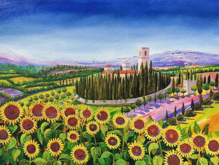 Toscana - The sale bei girasole Framed Signed Tuscan Sunflowers Italian Landscape