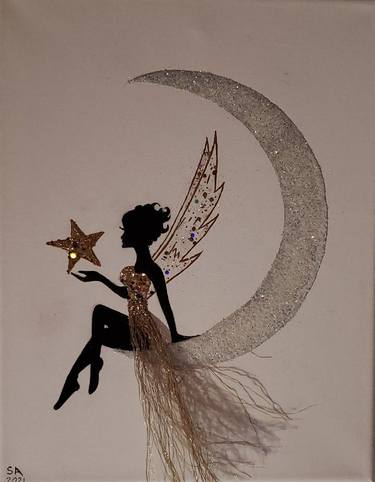 MOON GODDESS sitting on a Silver moon wishing on a star Art Decor Wall on Stretched Canvas HAND MADE HAND PAINTED thumb