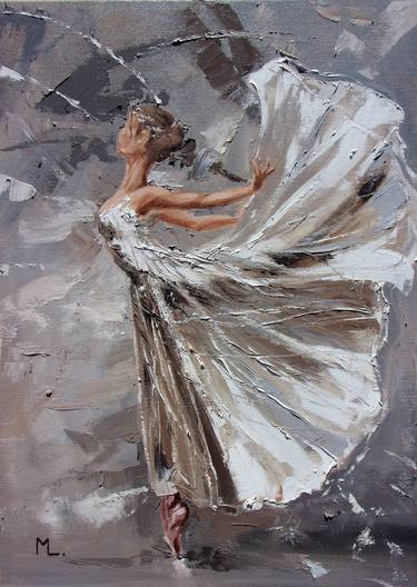 " WHITE FLOWER... "- ballerina liGHt ballet ORIGINAL OIL PAINTING, GIFT, PALETTE KNIFE thumb