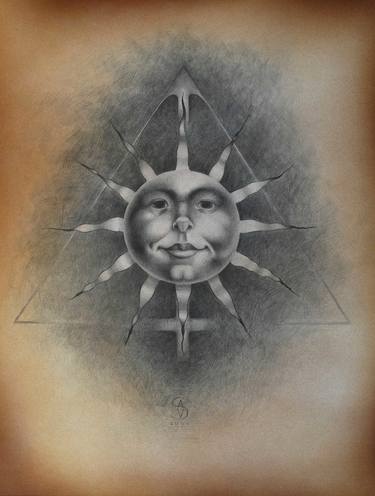 Alchemical symbol of the sun drawn in pencil and acrylic in bronze and frame thumb