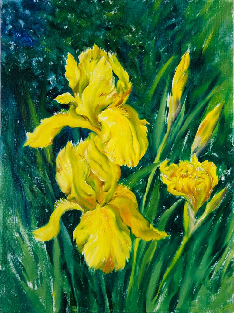 Original yellow iris oil painting, yellow flower store painting