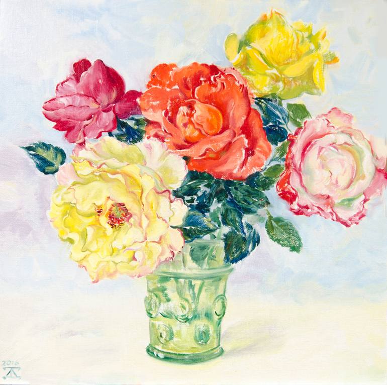 Roses in the green glass Painting by Daria Galinski | Saatchi Art