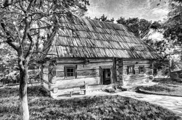 Old  log cabin with a bench at the entrance  thumb