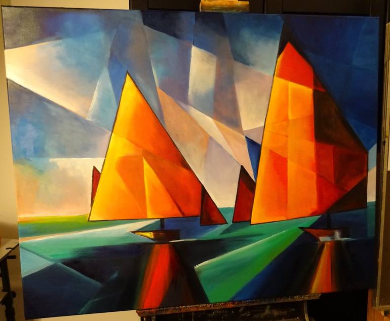 Original Cubism Sailboat Painting by Angelika Bes