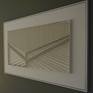 Wall mounted, white relief.

The composition, the corner of a street in perspective, is made of wooden strips fixed on canvas, finished by white paint.

The work is framed and equipped with hanging hardware (steel wire).