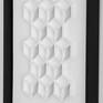 White and grey relief. The work is inspired by the work of the Dutch artist M.C. Escher and depicts 13 stacked cubes. The pattern is made from cardboard fixed on a canvas board, captured in a black wooden frame.

Dimensions are including the frame. The work equipped with hanging hardware (sawtooth).